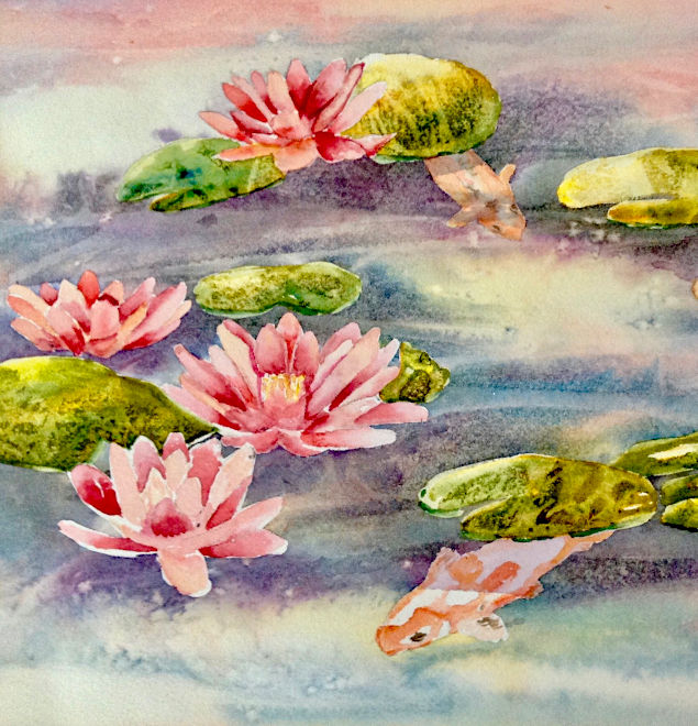 Acrylic painting of a pond with fishes and water lilies by painter Rita Carpenter