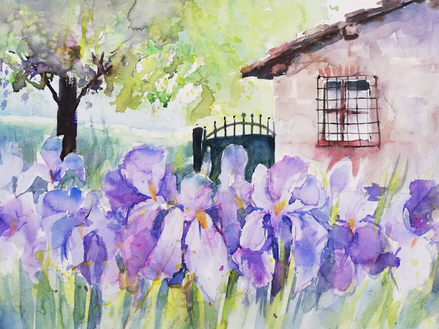 Watercolour painting Orchids in the garden by painter Sabine Blomqvist