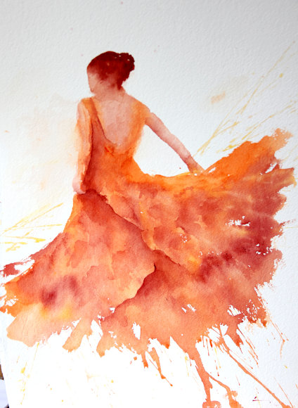 Watercolour painting of a dancer Orange Flamenco from painter Sue Bradley